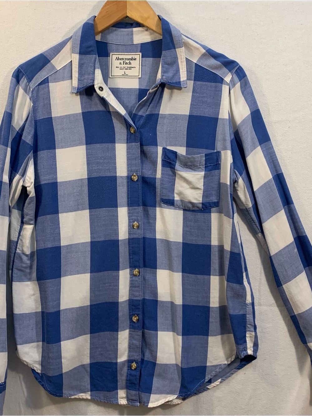 Abercrombie & Fitch Blue and White Check Long-Sleeve Shirt Women’s Large